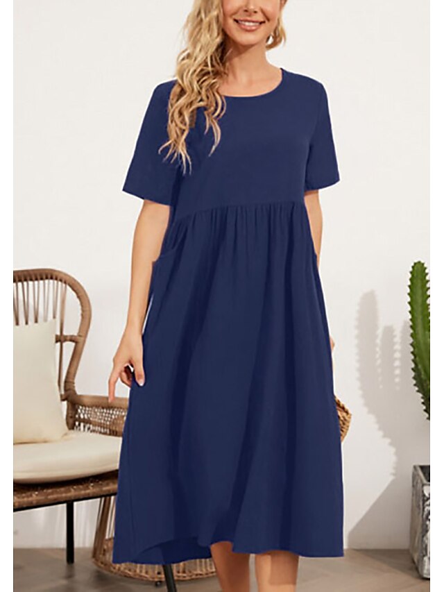 Womens Clothing Womens Dresses | Womens A Line Dress Midi Dress White Pink Dark Blue Half Sleeve Solid Color Ruched Pleated Spri