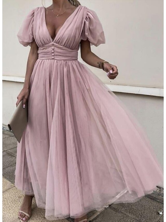 Womens Clothing Womens Dresses | Womens A Line Dress Maxi long Dress Pink Short Sleeve Solid Color Ruched Spring Summer V Neck E