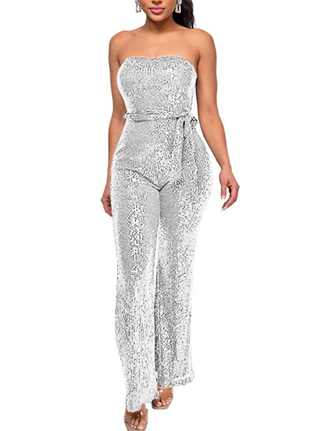 Womens Clothing Womens Jumpsuits & Rompers | Womens Jumpsuit Backless Sequin Solid Color Strapless Elegant Party Going out Regul
