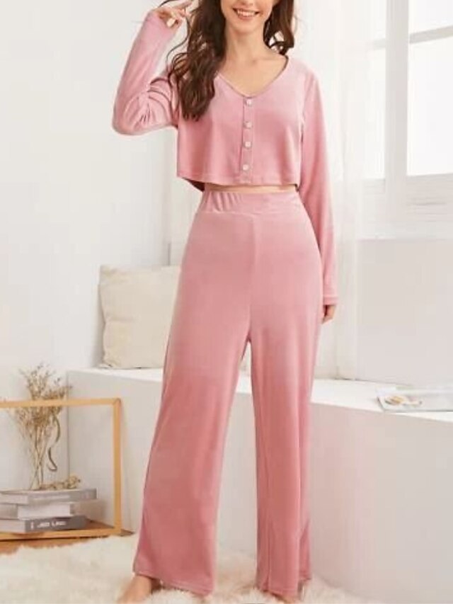 Womens Clothing Womens Sleep & Lounge | Womens Loungewear Sets 2 Pieces Pure Color Comfort Sweet Home Daily Polyester V Wire Lon