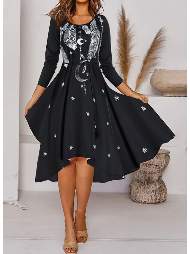 Womens Clothing Womens Dresses | Womens A Line Dress Knee Length Dress Black gray 3/4 Length Sleeve Print Ruched Print Spring Su