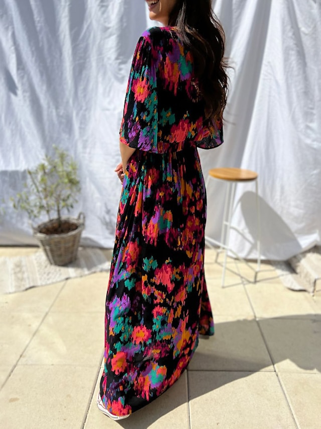 Womens Clothing Womens Dresses | Womens Swing Dress Maxi long Dress Green Purple Red Short Sleeve Floral Split Print Spring Summ