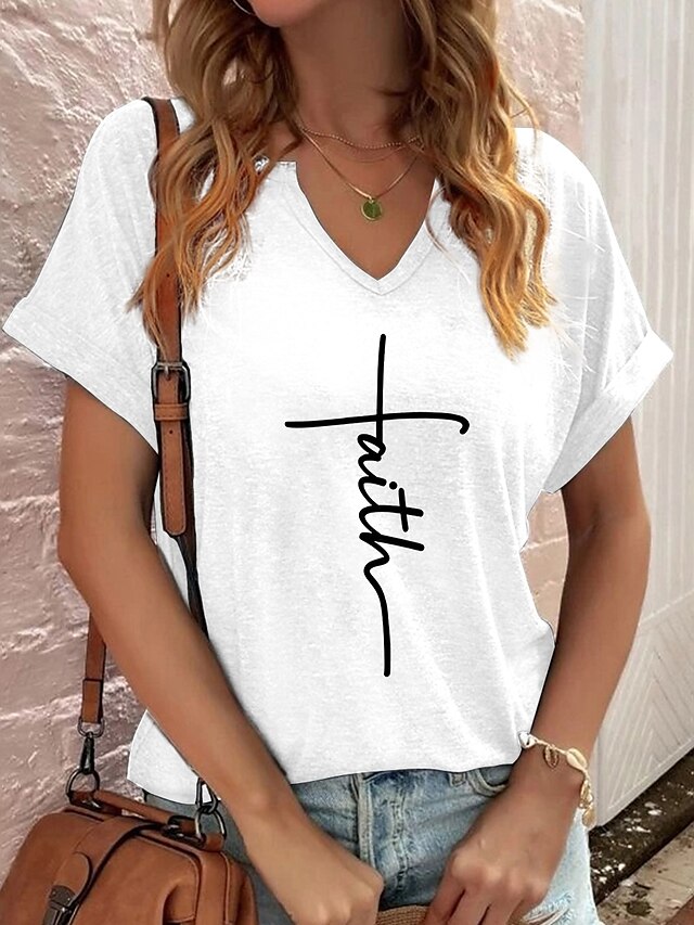 Womens Clothing Womens Tops | Womens Casual Weekend Painting T shirt Tee Text Short Sleeve Print V Neck Basic Tops White S - IZ8