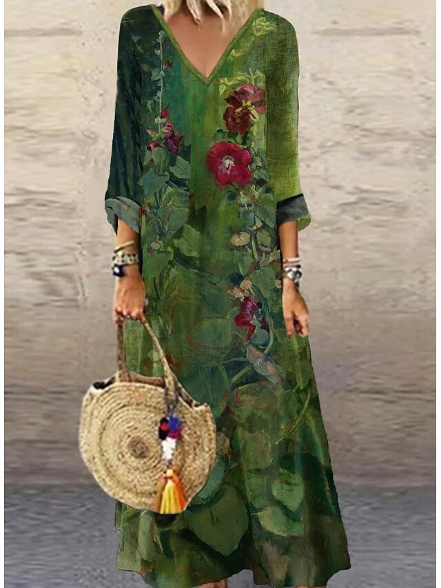 Women's Casual Dress Ethnic Dress Long Dress Maxi Dress Green 3/4 ...