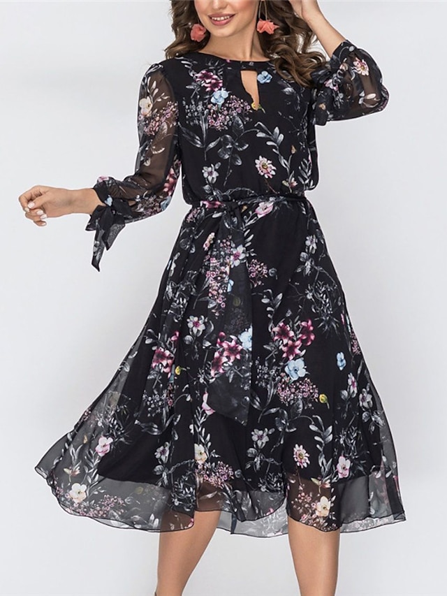 Womens Clothing Womens Dresses | Womens A Line Dress Midi Dress Black Long Sleeve Floral Print Fall Spring Round Neck Elegant Fa