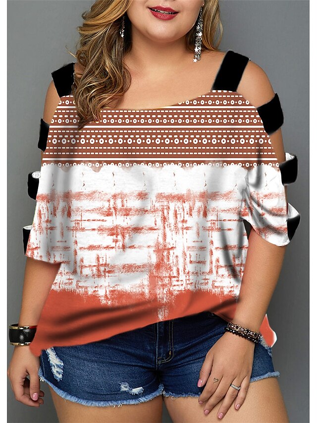 Womens Clothing Plus Size Collection | Womens Plus Size Tops Blouse Shirt Striped Tie Dye Cut Out Print Half Sleeve V Neck Stree