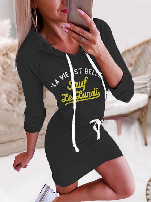 Womens Clothing Womens Dresses | Womens Bodycon Short Mini Dress Black Long Sleeve Letter Print Fall Spring Hooded Fashion 2022 