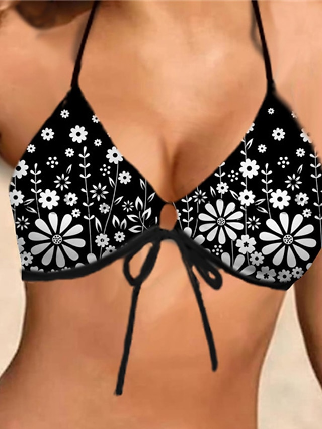 Womens Clothing Womens Swimwear | Womens Swimwear Bikini 2 Piece Normal Swimsuit Halter Open Back Printing Flower Black Halter V