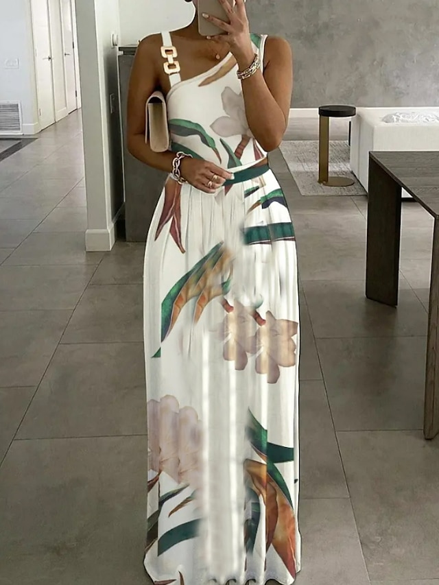 Womens Clothing Womens Dresses | Womens A Line Dress Maxi long Dress White Sleeveless Floral Ruched Print Spring Summer Cold Sho