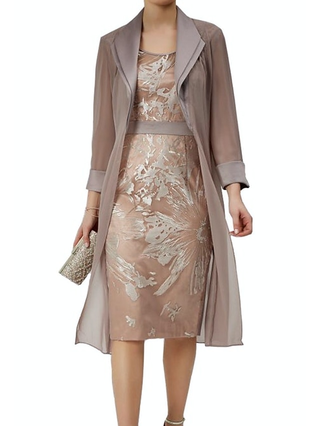 Womens Clothing Womens Dresses | Womens Sheath Dress Knee Length Dress Champagne Long Sleeve Print Layered Mesh With Belt Spring