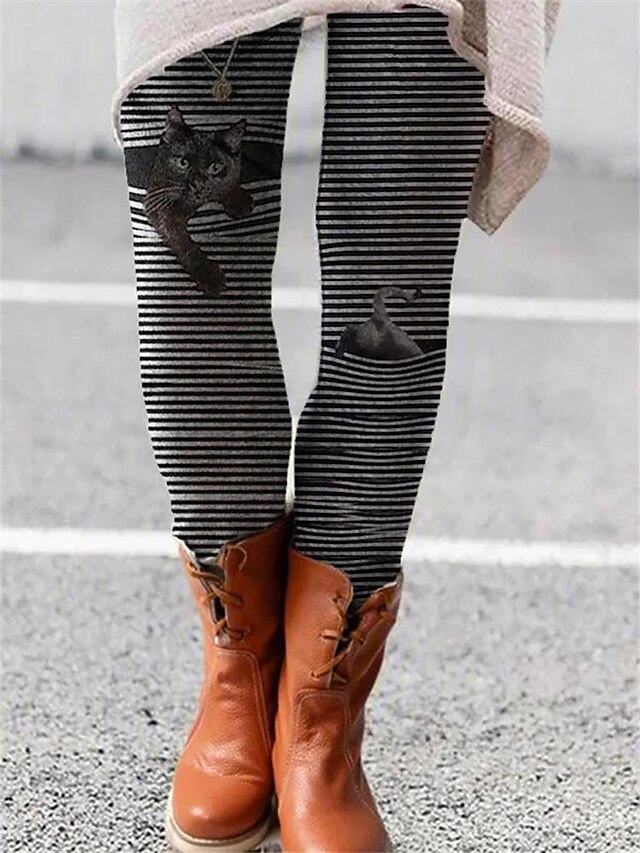 Women's Normal Tights Leggings Cozy Leggings Fashion Designer Tights Full Length Mid Waist Graphic Cat Flower / Floral Print Butt Lift Comfort Tummy Control High Elasticity Halloween Daily Black 7