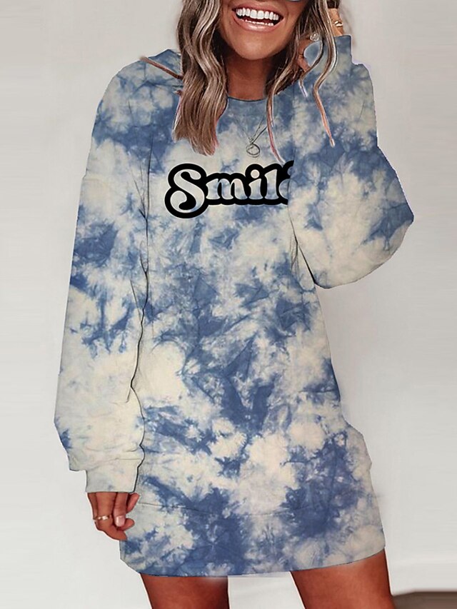 Womens Clothing Womens Dresses | Womens Shift Dress Short Mini Dress Blue Long Sleeve Tie Dye Letter Print Fall Spring Round Nec