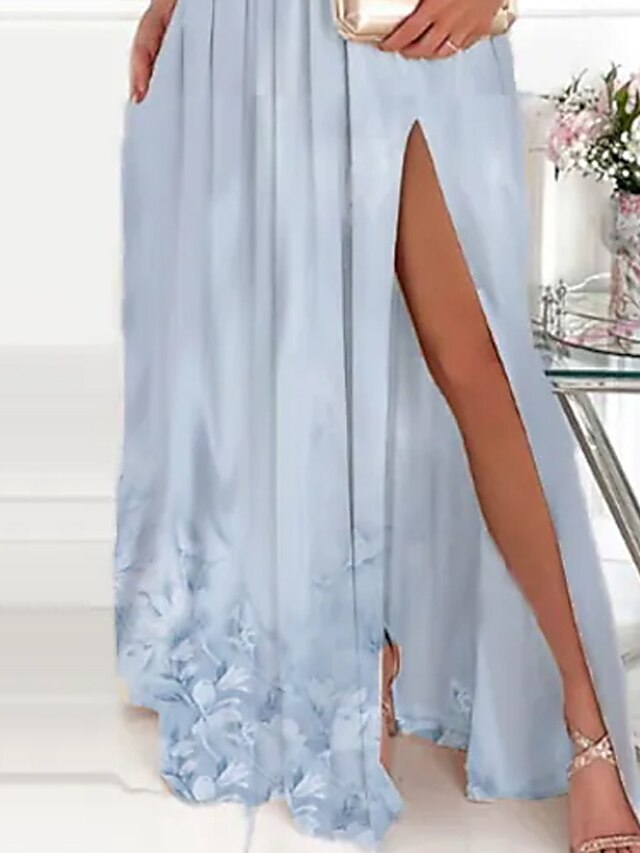 Womens Clothing Womens Dresses | Womens A Line Dress Maxi long Dress Light Blue Sleeveless Floral Split Ruched Print Spring Summ