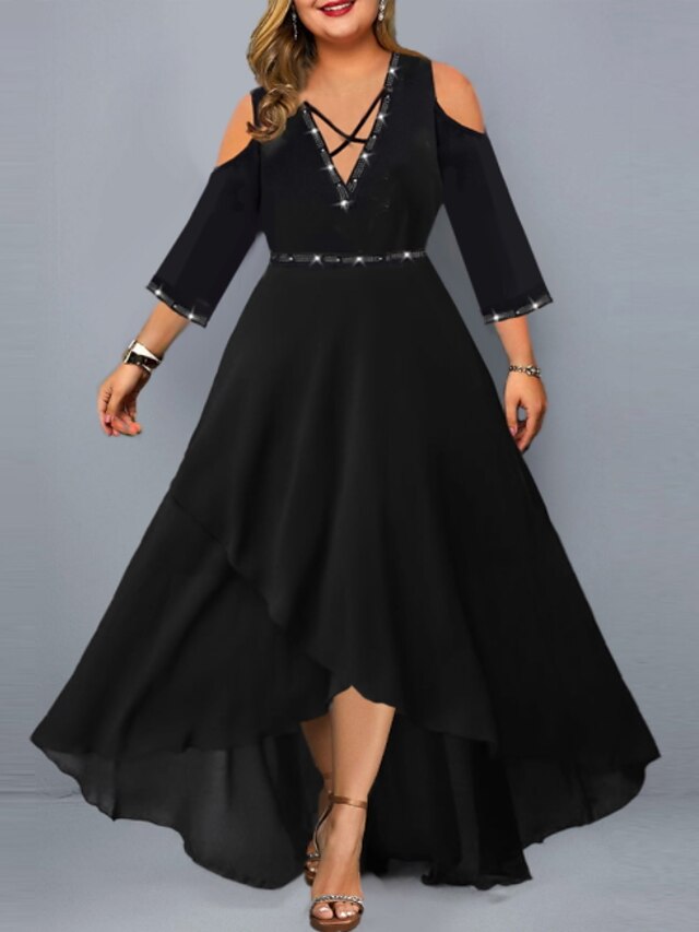 Womens Clothing Plus Size Collection | Womens Plus Size A Line Dress Solid Color V Neck 3/4 Length Sleeve Spring Summer Prom Dre