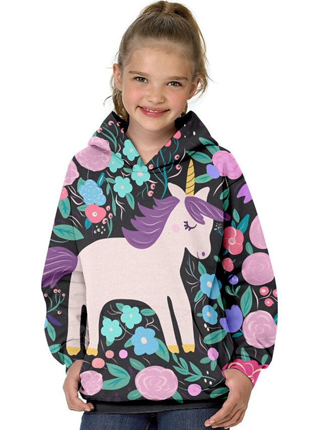 Baby & Kids Girls Clothing | Kids Girls Hoodie Long Sleeve 3D Print Floral Unicorn Animal Pocket Purple Children Tops Fall Sprin