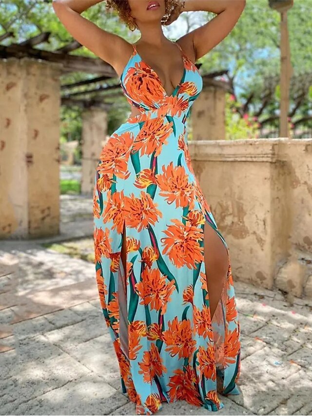 Womens Clothing Womens Dresses | Womens A Line Dress Maxi long Dress Orange Sleeveless Floral Backless Split Cold Shoulder Sprin