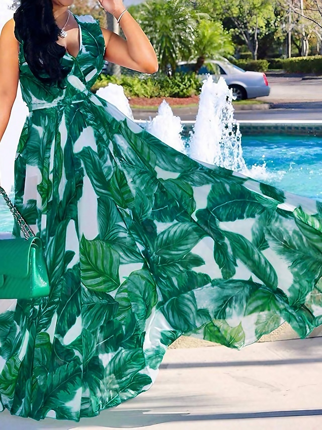  Γυναικεία Μεγάλα Μεγέθη Καμπύλη Φόρεμα διακοπών Φόρεμα ριχτό από τη μέση και κάτω Φόρεμα για τον ήλιο Στάμπα Μακρύ φόρεμα Αμάνικο Στάμπα Λαιμόκοψη V Καθημερινό Καθημερινά Πράσινο του τριφυλλιού