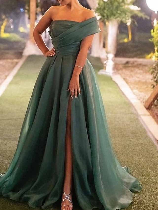  A-Line Evening Gown Red Green Dress Wedding Guest Prom Sweep / Brush Train Short Sleeve One Shoulder Organza with Ruched Slit 2024