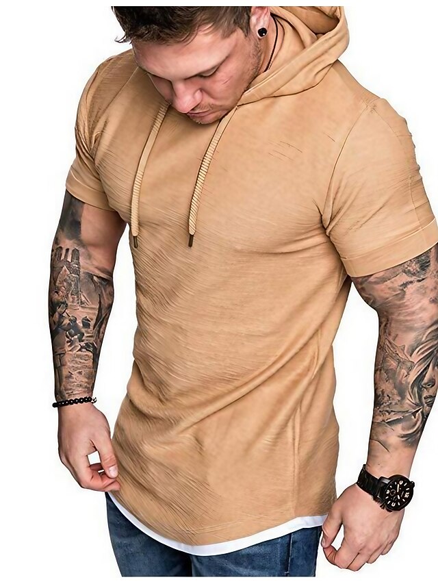 Men's T Shirt Short Sleeve Hooded Spring & Summer Plain Simple Muscle Black White Army Green Top Tee for Men 12