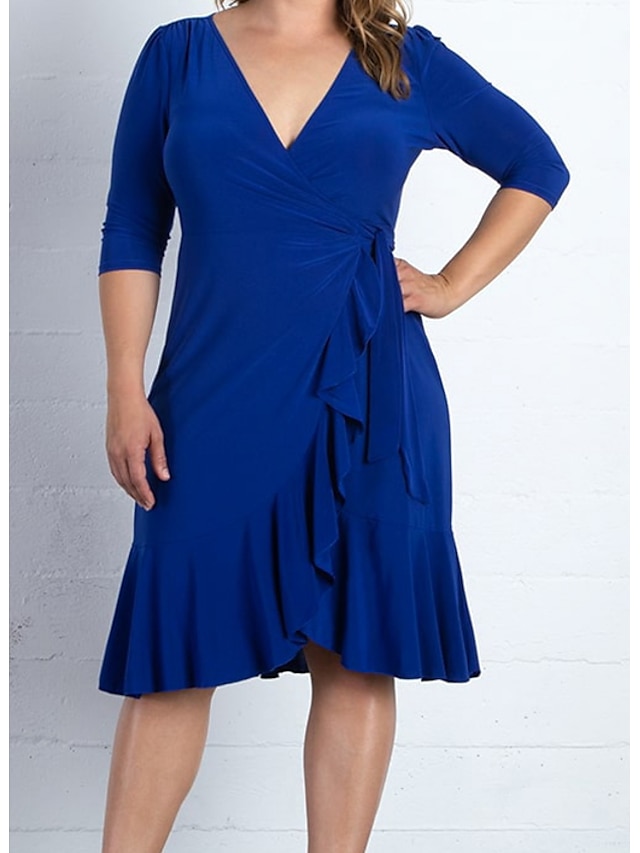 Womens Clothing Plus Size Collection | Womens Plus Size A Line Dress Solid Color V Neck 3/4 Length Sleeve Spring Summer Casual K