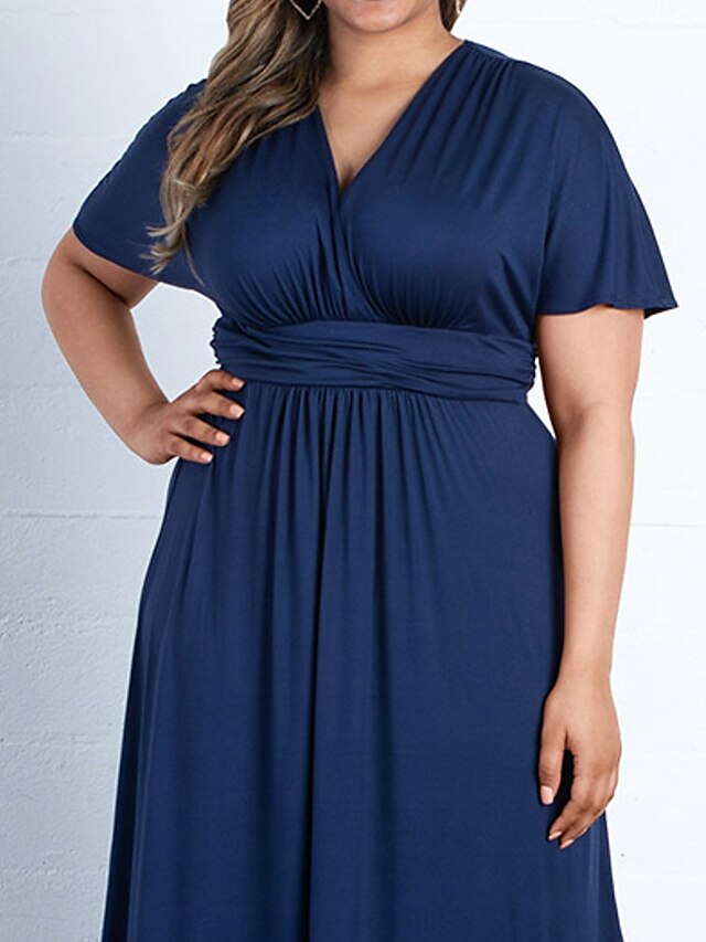 Womens Clothing Plus Size Collection | Womens Plus Size A Line Dress Solid Color V Neck Short Sleeve Spring Summer Casual Maxi l