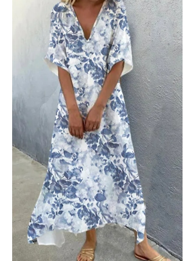 Womens Clothing Womens Dresses | Womens A Line Dress Maxi long Dress Blue Half Sleeve Print Print Spring Summer V Neck Sexy Mode