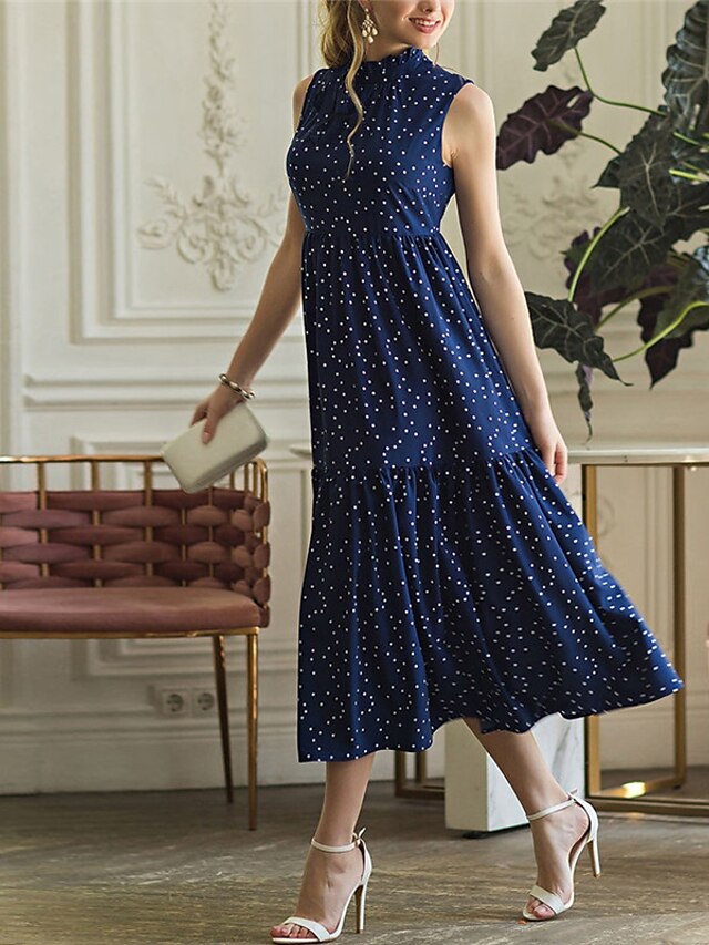 Womens Clothing Womens Dresses | Womens A Line Dress Midi Dress Navy Blue Sleeveless Polka Dot Print Spring Summer Stand Collar 