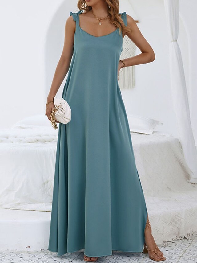 Womens Clothing Womens Dresses | Womens A Line Dress Maxi long Dress Light Blue Sleeveless Pure Color Split Spring Summer Spaghe