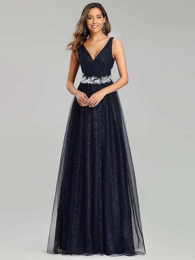 A-Line Prom Dresses Empire Dress Wedding Guest Prom Floor Length Sleeveless V Neck Tulle with Sequin Appliques 2024