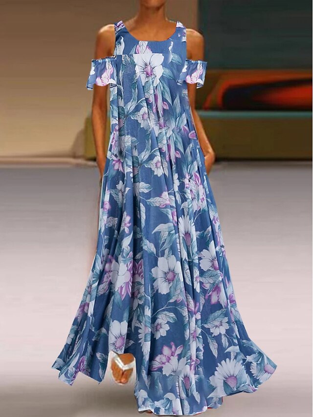 Womens Clothing Womens Dresses | Womens A Line Dress Maxi long Dress Blue Light Blue Short Sleeve Floral Ruched Print Spring Sum