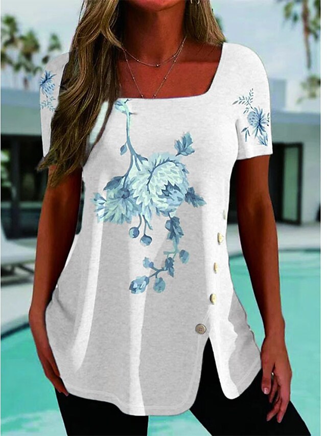 Womens Clothing Womens Tops | Womens Floral Casual Weekend Floral Painting T shirt Tee Short Sleeve Button Print Square Neck Bas