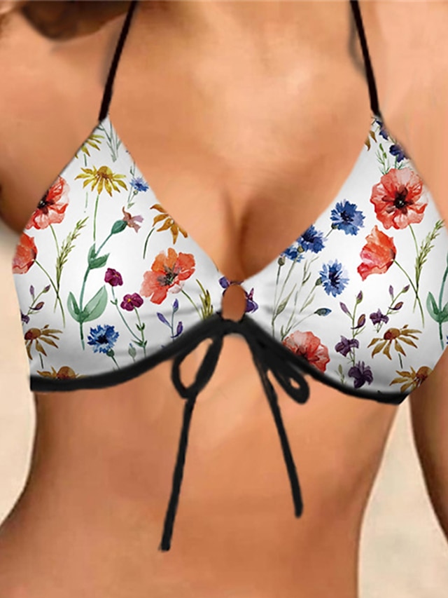 Womens Clothing Womens Swimwear | Womens Swimwear Bikini 2 Piece Normal Swimsuit Halter Open Back Printing Flower White Halter V