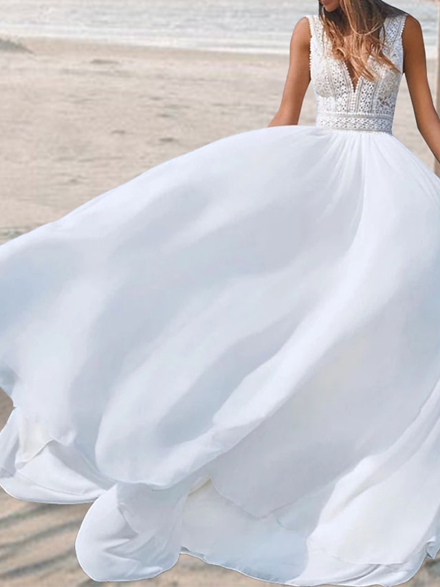  Spiaggia / Destinazione Schiena scoperta Boho Abiti da sposa Linea-A A V Senza maniche Lungo Chiffon Abiti da sposa Con / 2024