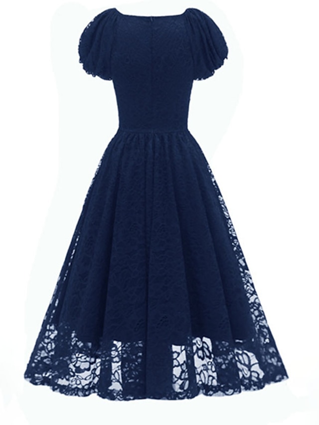 Womens Clothing Womens Dresses | Womens Swing Dress Knee Length Dress Wine Dark Blue Short Sleeve Solid Color Lace Button Spring