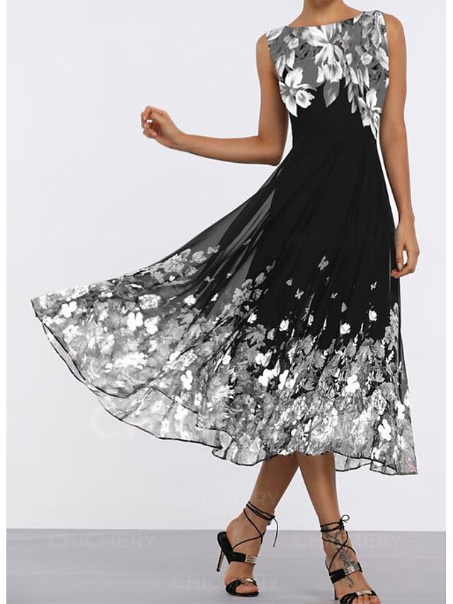 Womens Clothing Womens Dresses | Womens A Line Dress Midi Dress Black Sleeveless Floral Ruched Print Spring Summer Crew Neck Ele