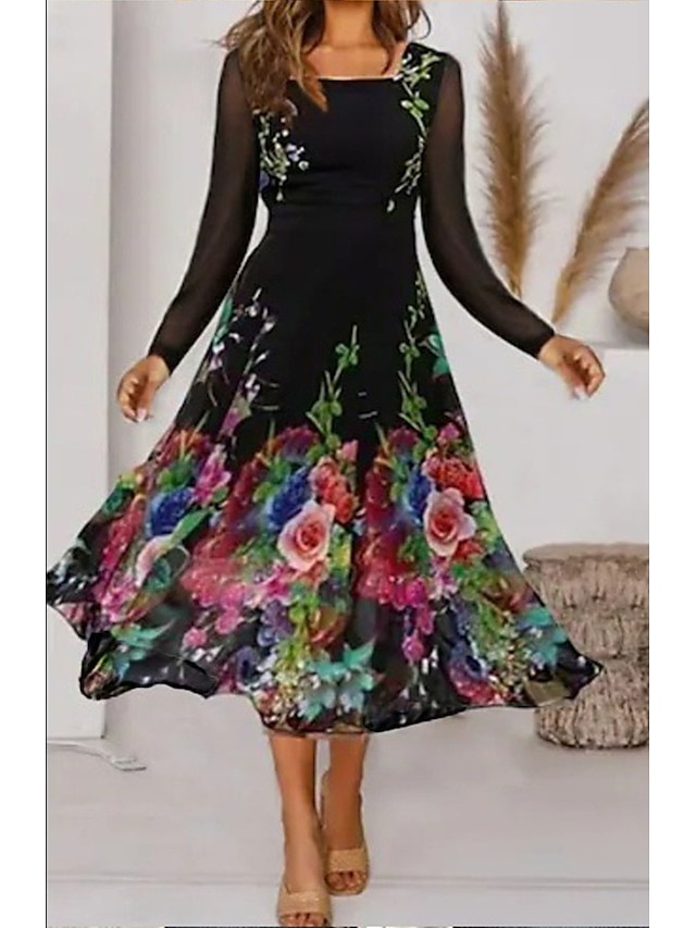 Women's A Line Dress Midi Dress Black Long Sleeve Floral Mesh Winter ...