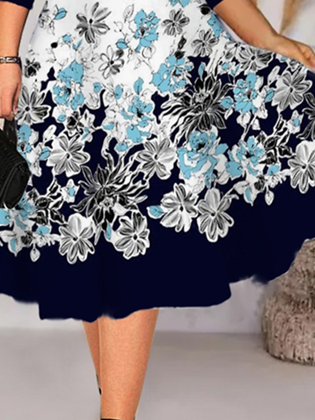 Womens Clothing Plus Size Collection | Womens Plus Size A Line Dress Floral Round Neck 3/4 Length Sleeve Spring Summer Work Midi