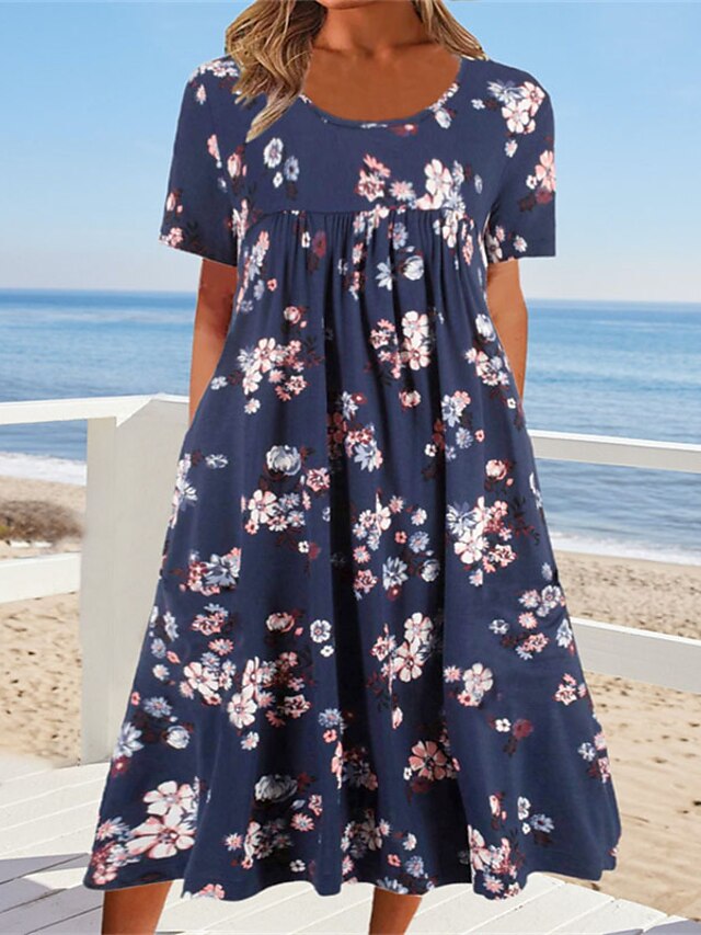 Womens Clothing Womens Dresses | Womens A Line Dress Maxi long Dress Dark Blue Short Sleeve Floral Pocket Print Spring Summer Cr