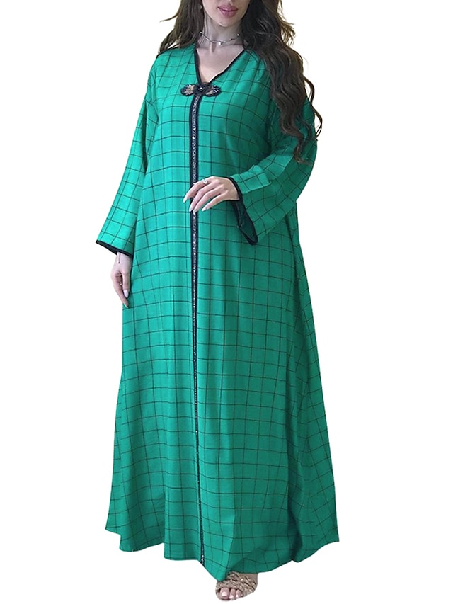 Women's Shift Dress Kaftan Dress Maxi long Dress Green Long Sleeve Plaid Bow Print Fall Winter V Neck Fashion Muslim Loose 2022 S M L XL XXL