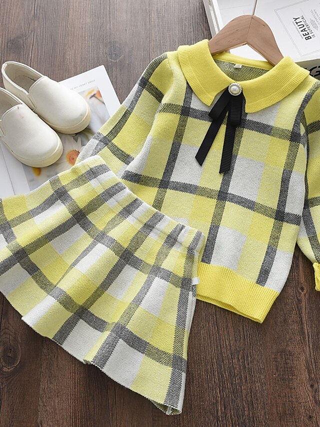 Baby & Kids Girls Clothing | Kids Girls T-shirt & Skirt Clothing Set 2 Pieces Long Sleeve Pink Yellow Plaid Patchwork Vacation A