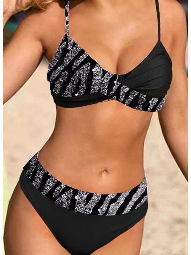 Womens Clothing Womens Swimwear | Womens Swimwear Bikini 2 Piece Normal Swimsuit High Waisted Leopard Black Padded Strap Bathing