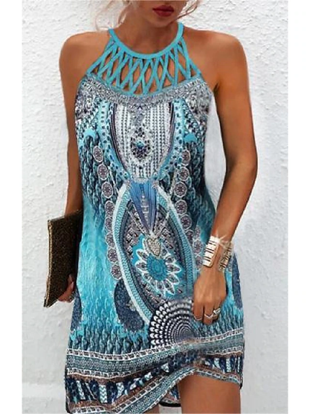 Women's Mini Dress Casual Dress Ethnic Dress Boho Dress Halter Neck Dress Fashion Classic Casual Vacation Daily Holiday Regular Fit Geometric Print Sleeveless Crew Neck Halter Neck Black Blue Green 11