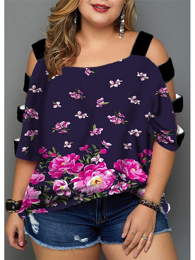 Womens Clothing Plus Size Collection | Womens Plus Size Tops Blouse Shirt Floral Cut Out Print Half Sleeve V Neck Streetwear Dai