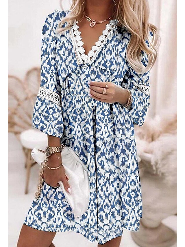 Womens Clothing Womens Dresses | Womens A Line Dress Short Mini Dress Blue 3/4 Length Sleeve Print Print Spring Summer V Neck St