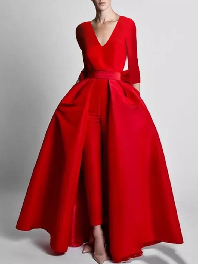  Zweiteilige Herbst-Hochzeitsoveralls, Abendkleid, elegantes Kleid, rot-grünes Kleid, abnehmbares, bodenlanges, langärmliges V-Ausschnitt-Taschen-Stretchmaterial mit Schmetterling, 2024