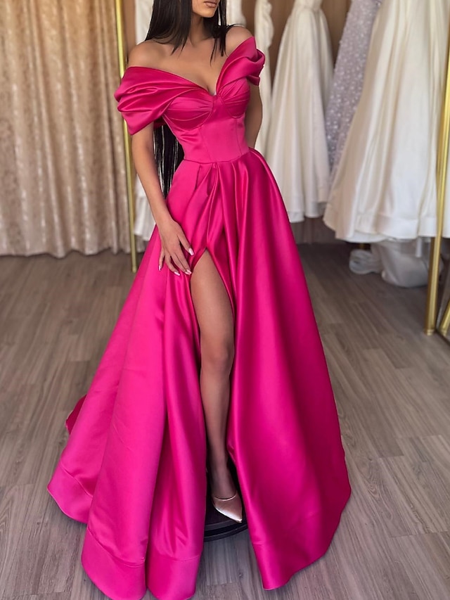  A-Line Evening Gown Party Dress Sexy Dress Prom Birthday Floor Length Short Sleeve Off Shoulder Satin with Slit Pure Color 2024