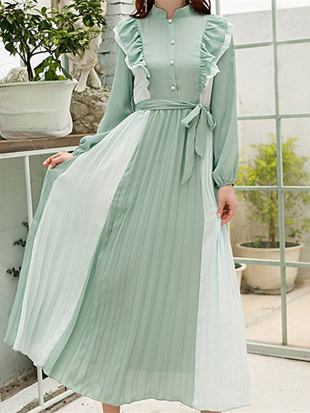 Womens Clothing Womens Dresses | Womens A Line Dress Maxi long Dress Green Long Sleeve Pure Color Lace up Pleated Ruffle Fall Sp