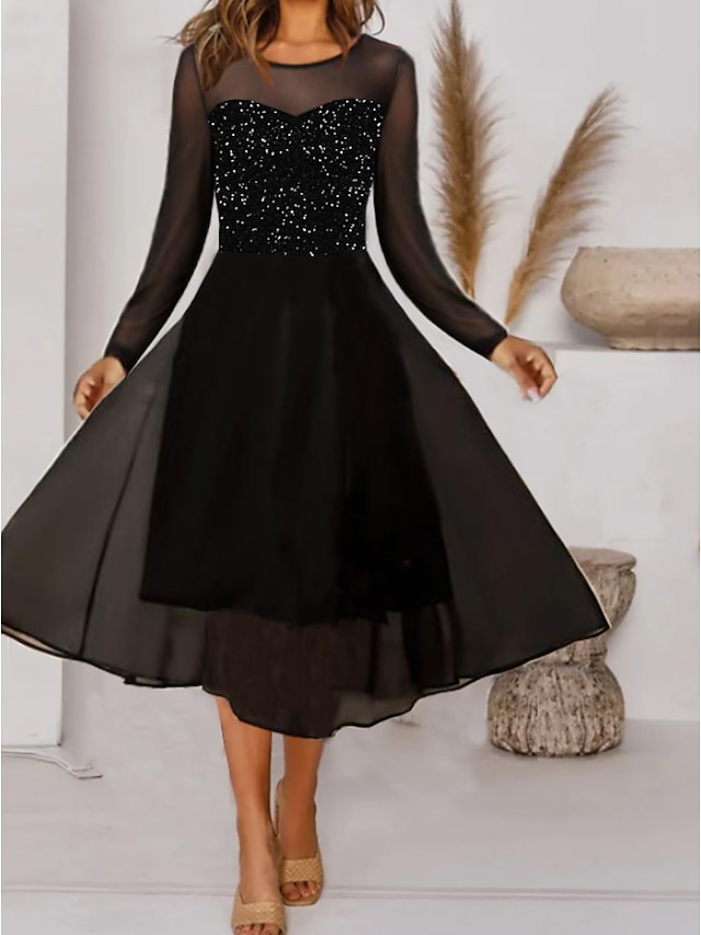  Women's Party Dress Midi Dress Black Long Sleeve Pure Color Sequins Ruched Fall Winter Crew Neck Stylish Elegant Party 2022 S M L XL 2XL 3XL