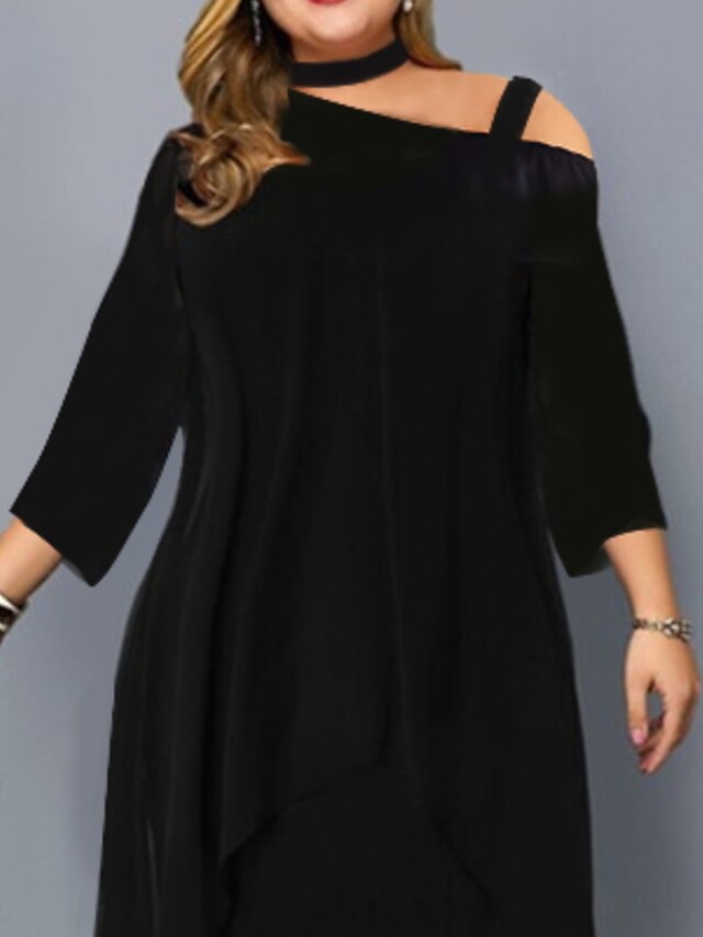 Womens Clothing Plus Size Collection | Womens Plus Size A Line Dress Solid Color One Shoulder Long Sleeve Spring Summer Work Mid