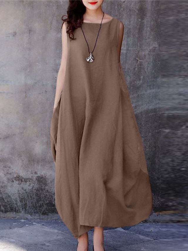  Women's Casual Dress Cotton Summer Dress Maxi Dress Pocket Basic Casual Daily Boat Neck Sleeveless Summer Spring Purple Brown Pure Color